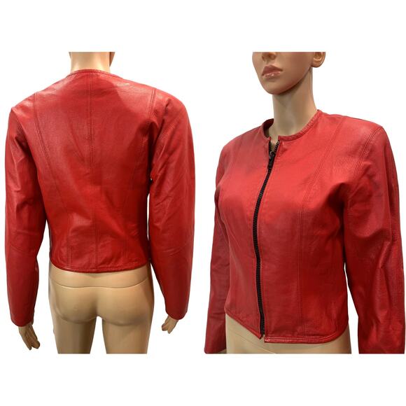 Vintage Red Leather Jacket Cropped 80s 90s CHIA Shoulder Pads | S - Picture 2 of 10